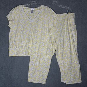 Miss Elaine Womens XXL Pajama Set Yellow Floral 100% Cotton 2pc Top Pants